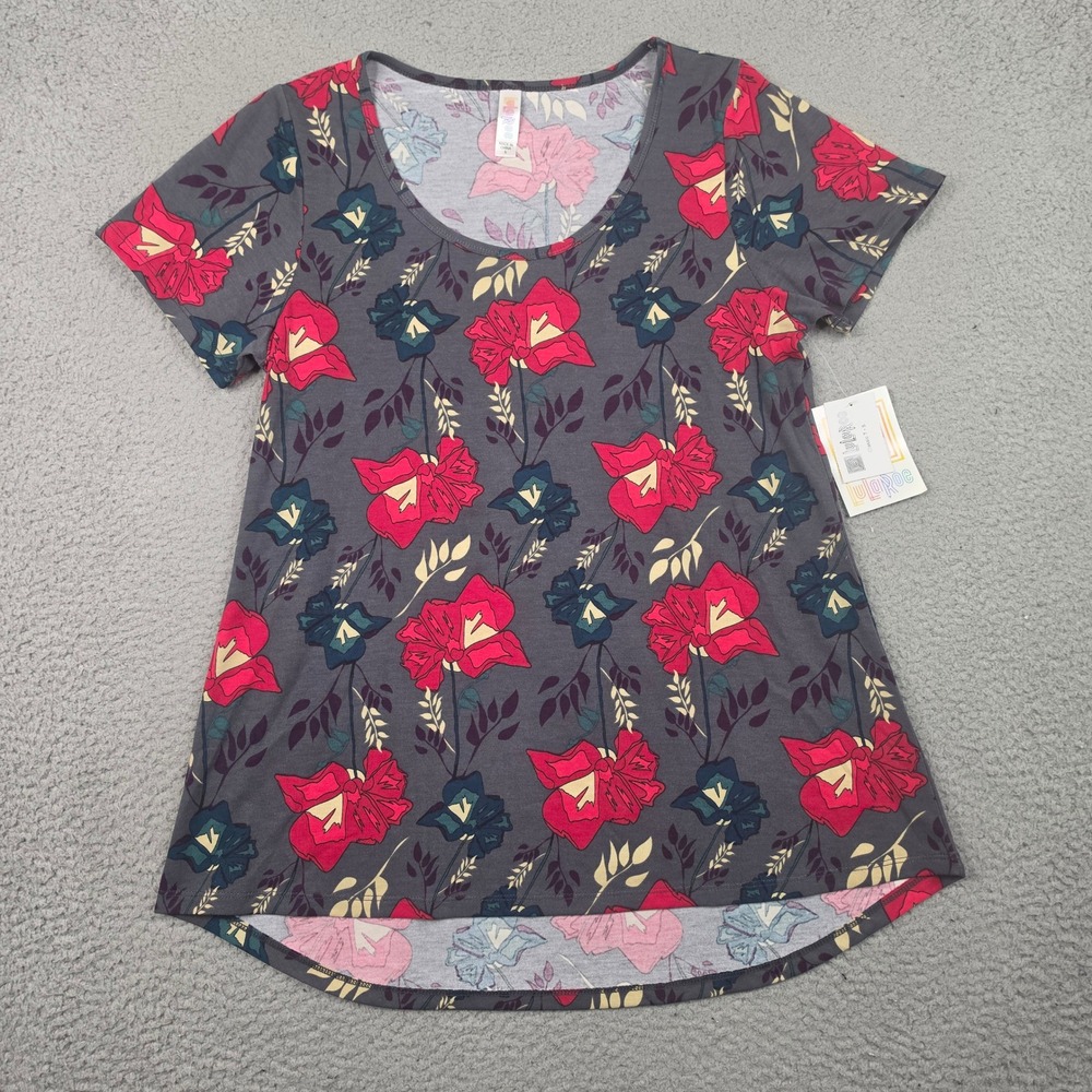 LuLaRoe Classic T Shirt Womens Small Gray Red Floral Short Sleeve High Low NWT